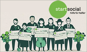 Logo von startsocial und grafische Darstellung von Preistrgern mit Spendenschecks