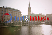 Logo des Projekts "dual und inklusiv" vor der Kulisse von Hamburg