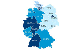 Deutschlandkarte mit Anteilen der Personen mit Migrationshintergrund in den Bundeslndern 2018