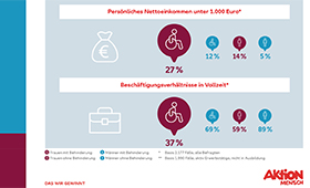 Ausschnitt aus einer Grafik: Persnliches Nettoeinkommen unter 1.000 Euro und Beschftigungsverhltnisse in Vollzeit bei Frauen und Mnnern mit und ohne Behinderungen