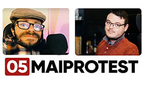 Das Logo des Maiprotests, darber Bilder der Moderatoren Raul Krauthausen und Constantin Grosch