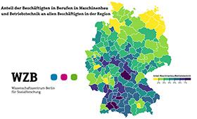 Deutschlandkarte, auf der der Anteil der Beschftigten in Berufen in Maschinenbau und Betriebstechnik an allen Beschftigten in der Region zu sehen ist