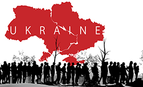 Silhouette einer langen Reihe von Geflchteten, darber die Umrisse des ukrainischen Staatsgebietes