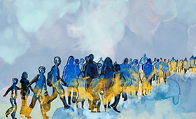 Aquarellbild: Geflchtete Menschen in einer langen Reihe, gemalt in Blau und Gelb
