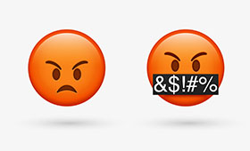 Links ein Emoji, dass Zorn ausdrckt, rechts ein Zorn-Emoji mit Symbolen fr Schimpfwrter.