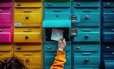 Zu sehen sind bunte Briefk�sten, in einen davon wird ein Brief eingeworfen.