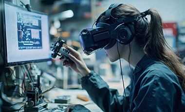 Eine junge Frau mit VR-Brille hält ein Werkstück in der Hand und gleicht es mit einem virtuellen Modell ab. Eine junge Frau mit VR-Brille hält ein Werkstück in der Hand und gleicht es mit einem virtuellen Modell ab.