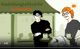 Screenshot des Videoclips zu Ausbildungsabbr�chen. Abgebildet sind zwei Personen, die an einem Stehtisch stehen und Kaffee trinken.