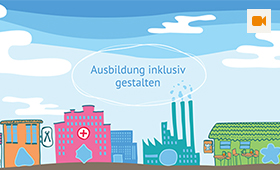 Ausschnitt aus dem Videoclip: Vor einem blauen Himmel zeichnet sich die Schrift "Ausbildung inklusiv gestalten" ab.