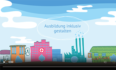 Ausschnitt aus dem Videoclip: Vor einem blauen Himmel zeichnet sich die Schrift "Ausbildung inklusiv gestalten" ab.