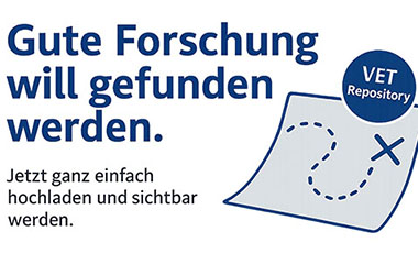 Ein Zettel mit der Aufschrift: VET Repository. Daneben gro� der Text "Gute Forschung will gefunden werden."