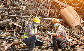 Zwei Arbeiter in Schutzkleidung vor einem Berg von Metallschrott Zwei Arbeiter in Schutzkleidung vor einem Berg von Metallschrott