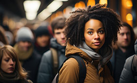 Menschen verschiedener Hautfarbe stehen auf einem Bahnsteig, im Vordergrund eine junge Frau Menschen verschiedener Hautfarbe stehen auf einem Bahnsteig, im Vordergrund eine junge Frau