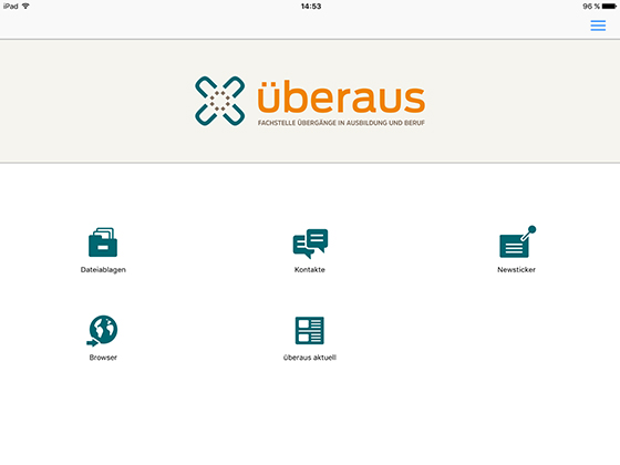 Die Startseite der App mit den Funktionen Dateiabalgen, Kontakte, Newsticker, Browser und überaus aktuell