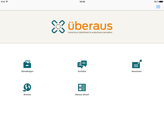 Die Startseite der App mit den Funktionen Dateiabalgen, Kontakte, Newsticker, Browser und beraus aktuell