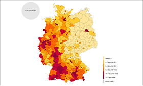 Karte der Bundesrepublik Deutschland mit farbigen Markierungen