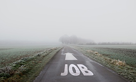 Straße im Nebel, darauf ein Richtungspfeil und die weiße Aufschrift "Job"
