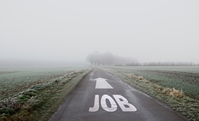 Strae im Nebel, darauf ein Richtungspfeil und die weie Aufschrift "Job"