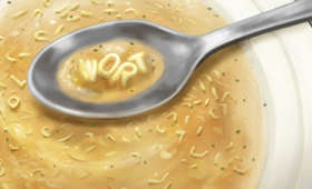 Buchstabensuppe mit Lffel, darauf das Wort "Wort"