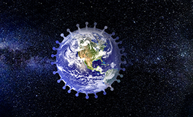 Weltkugel, grafisch als Corona-Virus dargestellt