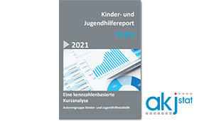 Titelseite des Kinder- und Jugendhilfereport 2021 mit Logo der Arbeitsstelle Kinder- und Jugendhilfestatistik im Forschungsverbund DJI/TU Dortmund