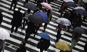 Ein Zebrastreifen, aus erhöhter Position betrachtet, darauf in beide Richtungen gehende Menschen mit Regenschirmen