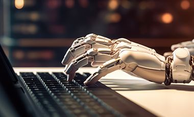 Eine goldene Roboterhand auf einer Tastatur. Eine goldene Roboterhand auf einer Tastatur.
