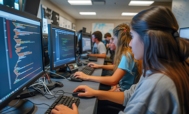 Schülerinnen sitzen am PC und programmieren Schülerinnen sitzen am PC und programmieren