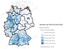Deutschlandkarte mit Verteilung der Bevlkerung im Alter von 18 bis 24 Jahren