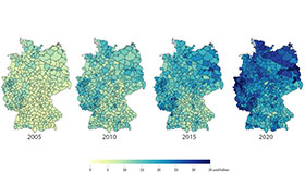 Deutschlandkarten mit unterschiedlich intensiver Einfrbung der Kreise: Regionale Verteilung der Ausbildungsabbrche 2005, 2010, 2015 und 2020