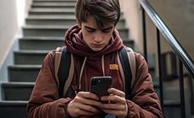 Junger Mann mit Smarthone in den Hnden, im Hintergrund ein Treppenhaus