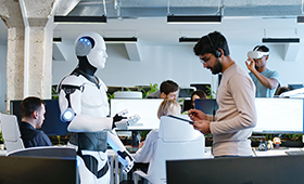 Junger Mann spricht in einem Bro mit einem Roboter, im Hintergrund arbeitende an Schreibtischen Frauen und Mnner