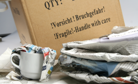 Fr einen Umzug verpacktes Geschirr sowie ein Karton mit der Aufschrift "Vorsicht Bruchgefahr!"
