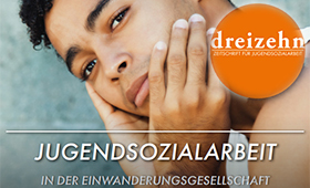 Ausschnitt aus der Titelseite der Zeitschrift "Dreizehn": Jugendlicher mir dunklerer Hautfarbe sttzt seinen Kopf mit den Hnden ab