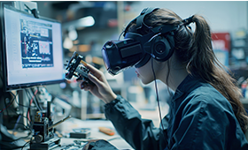 Eine Frau mit VR-Brille hält ein Werkstück in der Hand und gleicht dieses virtuell ab. Eine Frau mit VR-Brille hält ein Werkstück in der Hand und gleicht dieses virtuell ab.