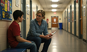 Schulsozialarbeiterin und Sch�ler sitzen am Rande eines Flurs und unterhalten sich