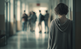 Teenager allein im Schulflur, dahinter schemenhaft eine Gruppe von Jugendlichen