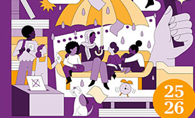 Im Comic-Stil sind Situationen aus dem Schulalltag dargestellt. Es dominieren Varianten von lila und gelb.