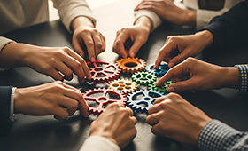 H�nde mehrerer M�nner und Frauen legen auf einem Tisch Zahnr�der aneinander