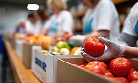 Team einer Tafel sortiert Obst und Gem�se in Kartons f�r die Essensausgabe