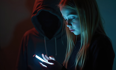 Ein M�dchen schaut auf ein Handydisplay, hinter ihr eine dunkle Person, die die Gefahr digitaler Medien symbolisiert.