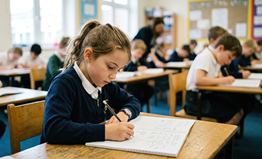 Junges M�dchen schreibt konzentriert an ihrem Pult in einem Klassenzimmer
