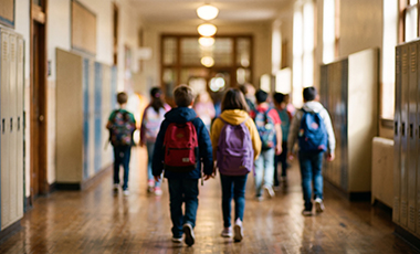 Grundschülerinnen und Grundschüler im Flur ihrer Schule Grundschülerinnen und Grundschüler im Flur ihrer Schule