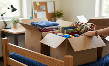 Gepackte Kartons auf einem Bett in einem Jugendzimmer, eine Hand greift in einen der Kartons Gepackte Kartons auf einem Bett in einem Jugendzimmer, eine Hand greift in einen der Kartons